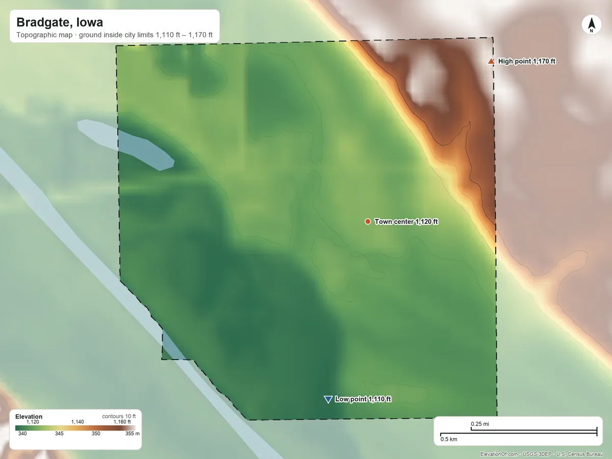 Topographic elevation map of Bradgate, Iowa, shaded from 1,110 ft on the south side to 1,170 ft on the northeast side