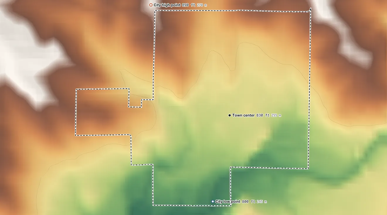 Topographic elevation map of Brandon, Iowa, shaded from 800 ft on the south side to 890 ft on the northwest side
