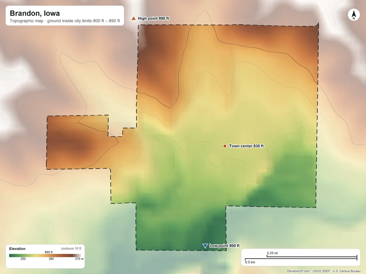 Topographic elevation map of Brandon, Iowa, shaded from 800 ft on the south side to 890 ft on the northwest side