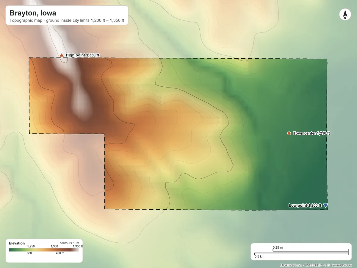 Topographic elevation map of Brayton, Iowa, shaded from 1,200 ft on the southeast side to 1,350 ft on the west side