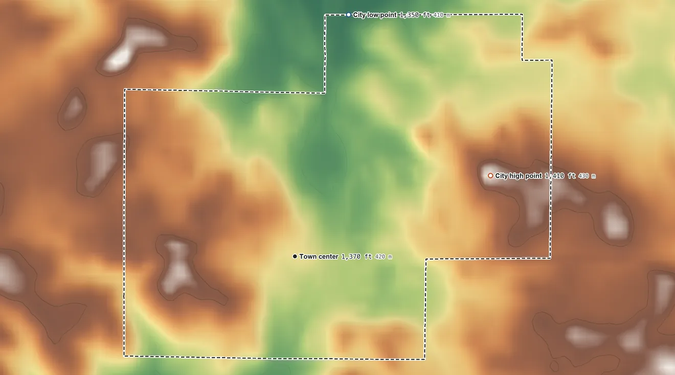 Topographic elevation map of Breda, Iowa, shaded from 1,350 ft on the north side to 1,410 ft on the east side