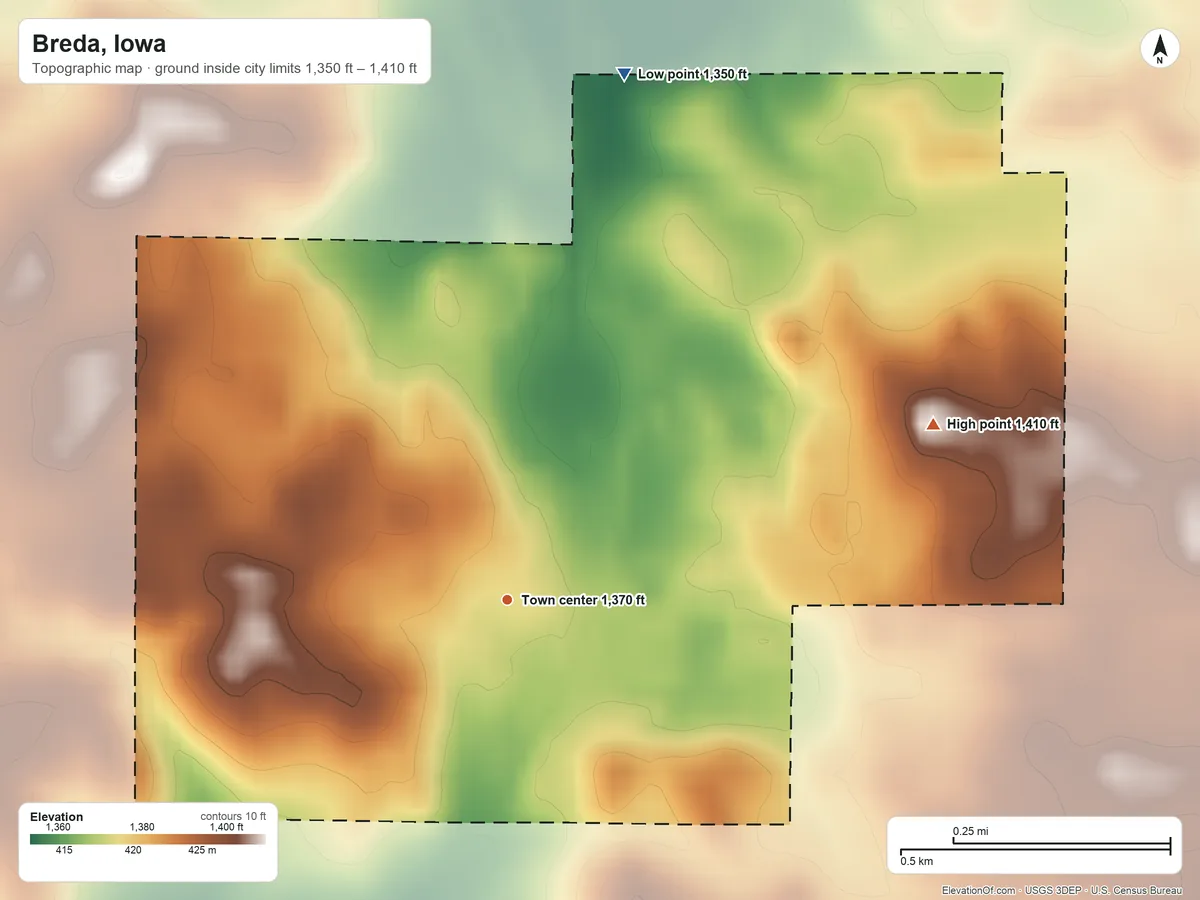 Topographic elevation map of Breda, Iowa, shaded from 1,350 ft on the north side to 1,410 ft on the east side