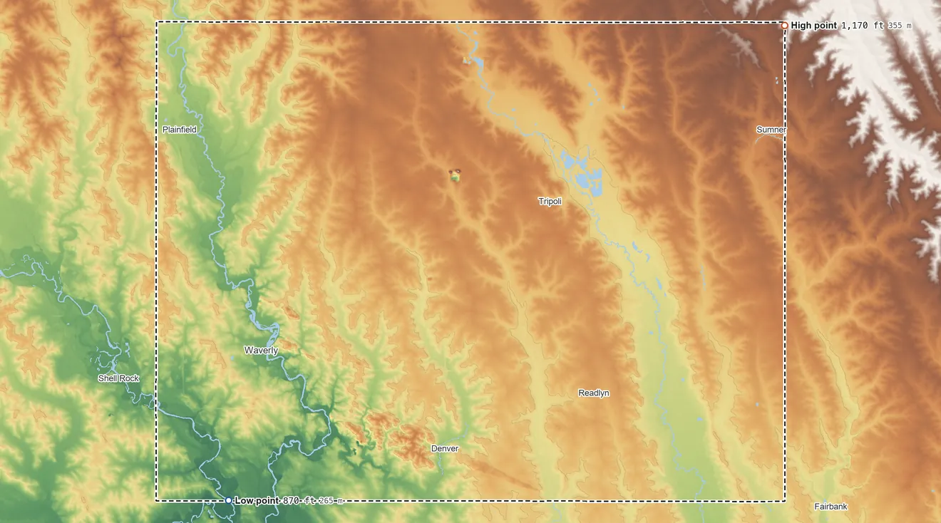 Topographic elevation map of Bremer County, Iowa, shaded from 870 ft on the southwest side to 1,170 ft on the northeast side
