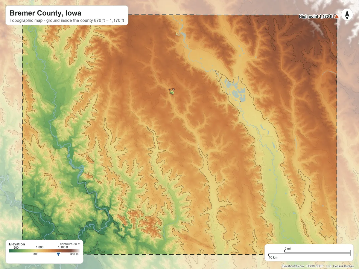 Topographic elevation map of Bremer County, Iowa, shaded from 870 ft on the southwest side to 1,170 ft on the northeast side