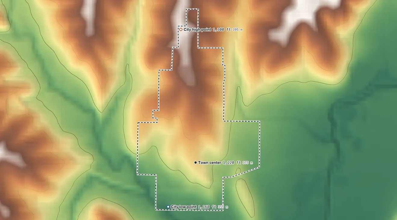 Topographic elevation map of Bridgewater, Iowa, shaded from 1,160 ft on the southwest side to 1,300 ft on the north side