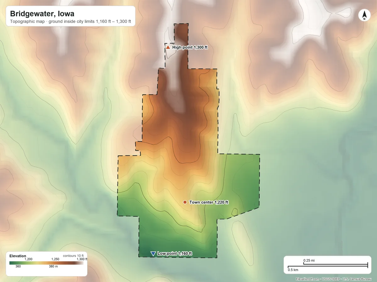 Topographic elevation map of Bridgewater, Iowa, shaded from 1,160 ft on the southwest side to 1,300 ft on the north side