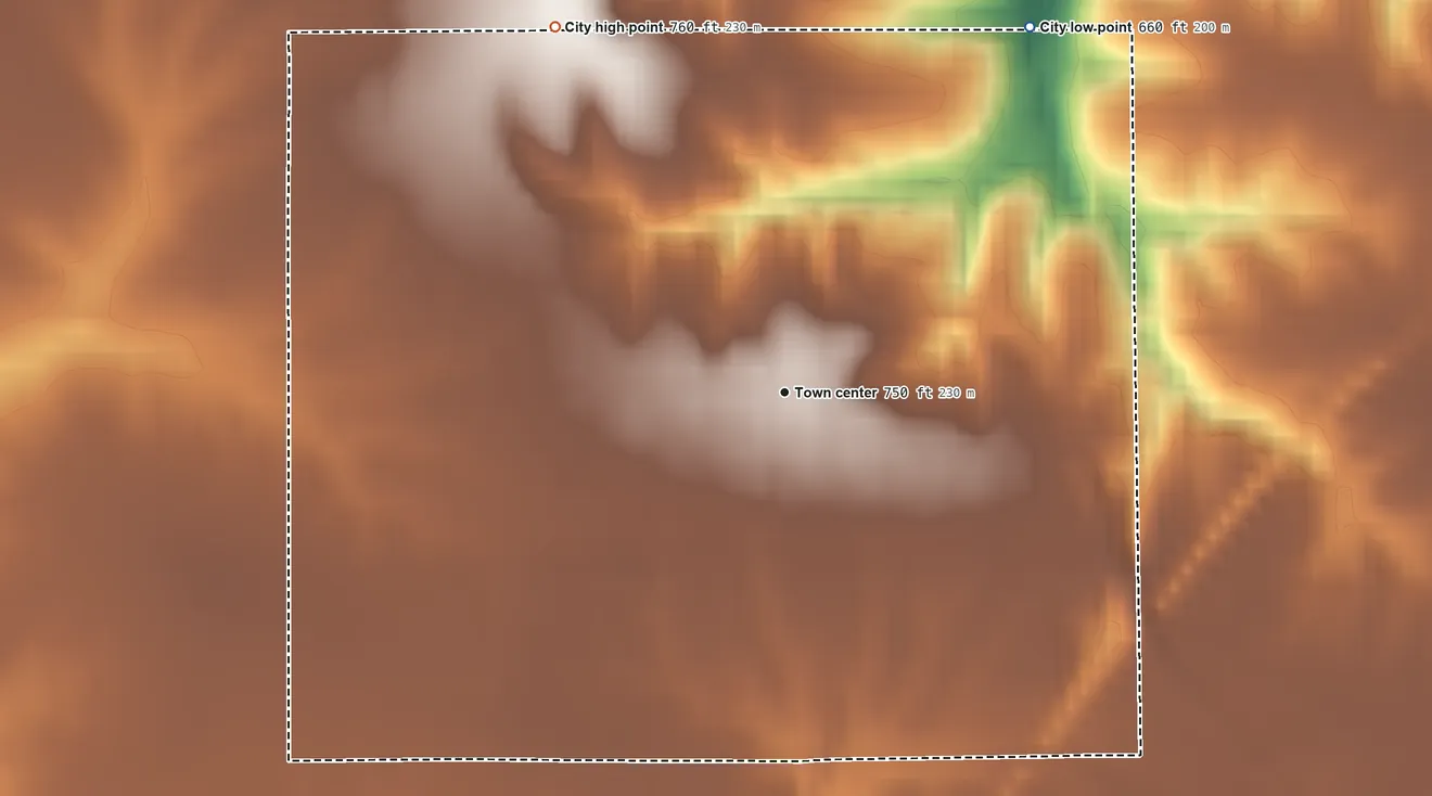 Topographic elevation map of Brighton, Iowa, shaded from 660 ft on the northeast side to 760 ft on the northwest side