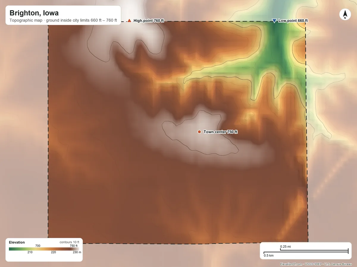 Topographic elevation map of Brighton, Iowa, shaded from 660 ft on the northeast side to 760 ft on the northwest side