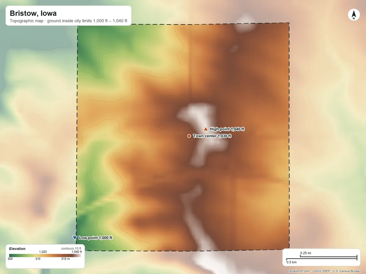 Topographic elevation map of Bristow, Iowa, shaded from 1,000 ft on the southwest side to 1,040 ft near the middle