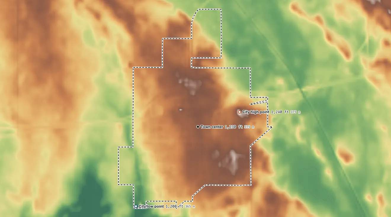 Topographic elevation map of Britt, Iowa, shaded from 1,200 ft on the southwest side to 1,240 ft on the east side