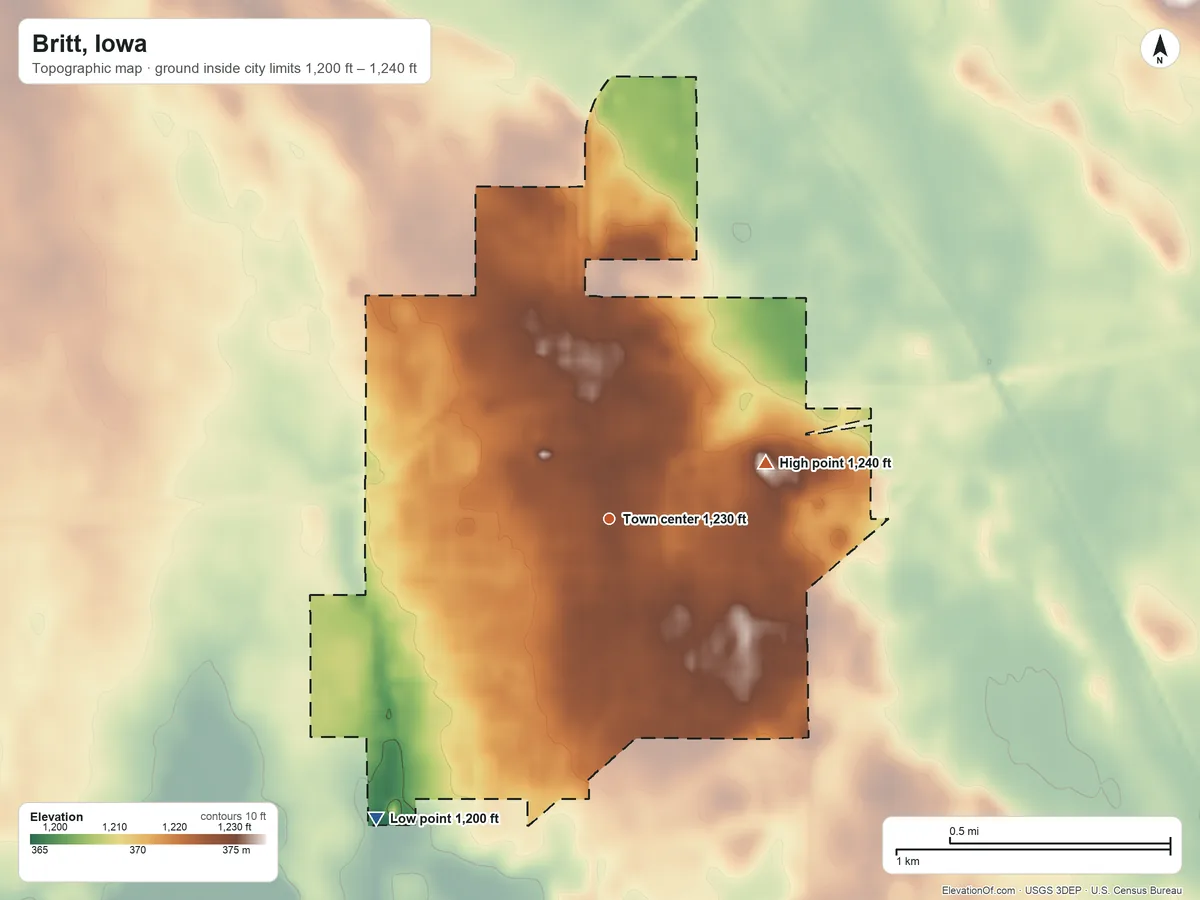 Topographic elevation map of Britt, Iowa, shaded from 1,200 ft on the southwest side to 1,240 ft on the east side
