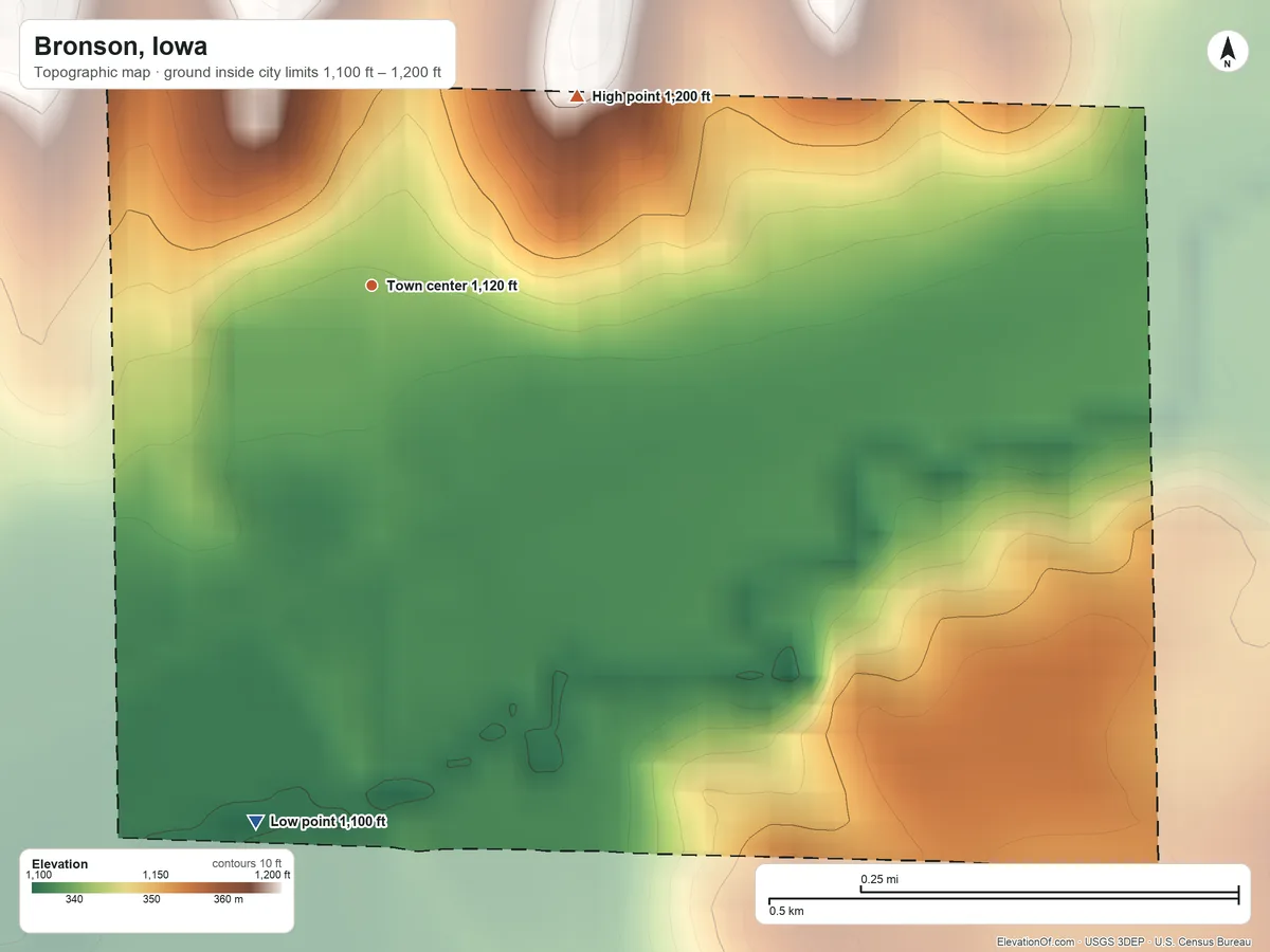 Topographic elevation map of Bronson, Iowa, shaded from 1,100 ft on the south side to 1,200 ft on the northeast side