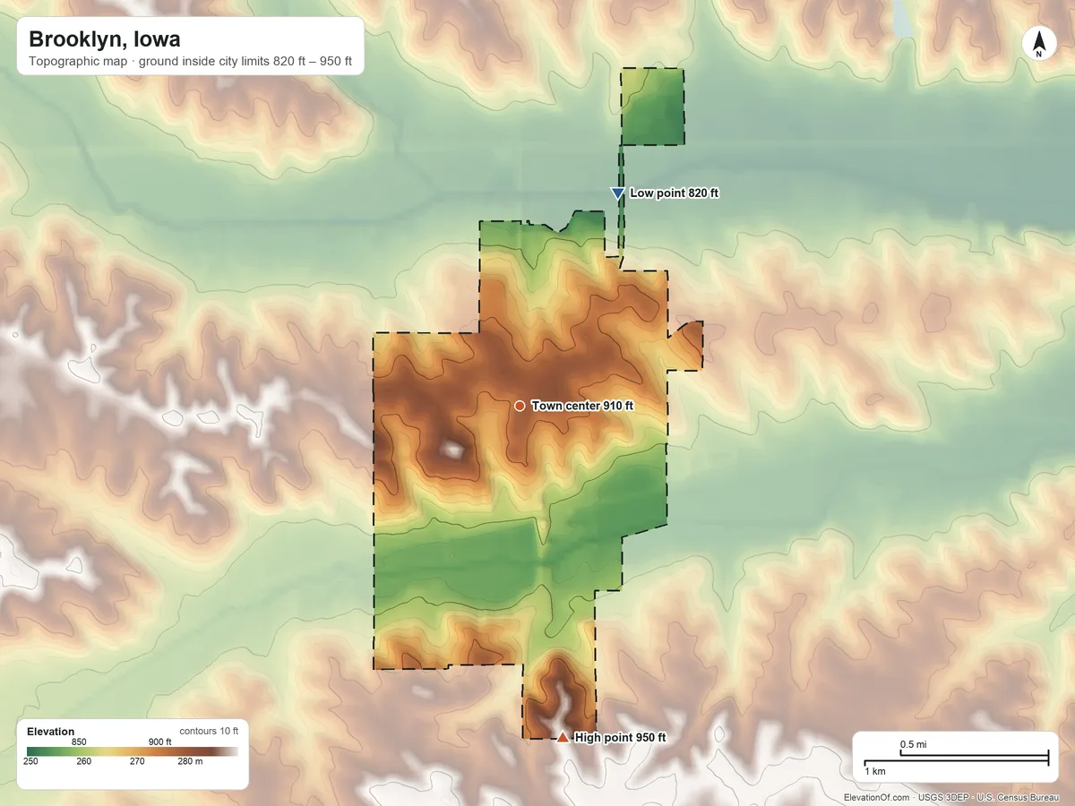 Topographic elevation map of Brooklyn, Iowa, shaded from 820 ft on the northeast side to 950 ft on the south side