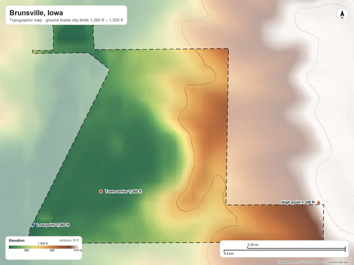 Topographic elevation map of Brunsville, Iowa, shaded from 1,260 ft on the southwest side to 1,350 ft on the east side