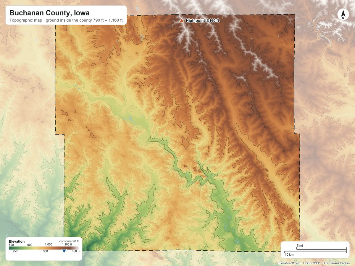 Topographic elevation map of Buchanan County, Iowa, shaded from 790 ft on the southwest side to 1,160 ft on the north side