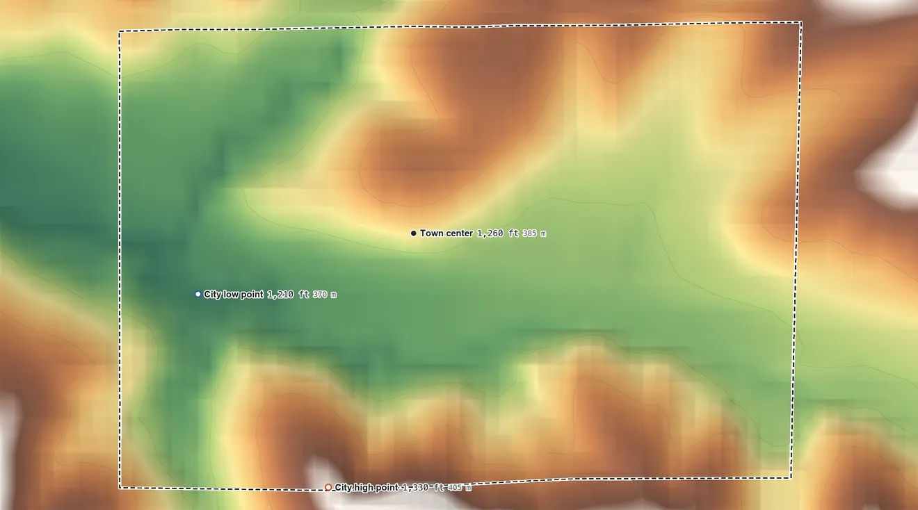 Topographic elevation map of Buck Grove, Iowa, shaded from 1,210 ft on the west side to 1,330 ft on the south side