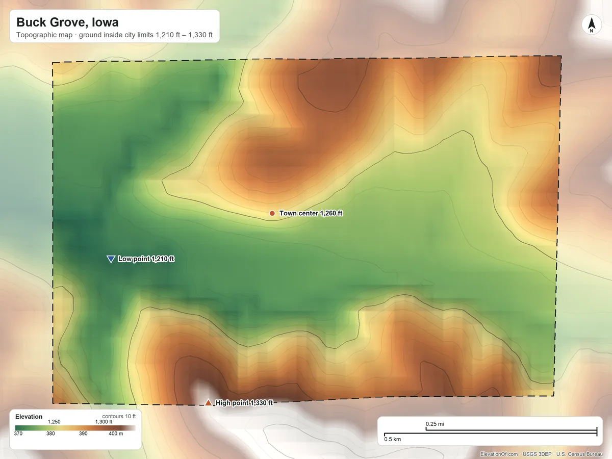 Topographic elevation map of Buck Grove, Iowa, shaded from 1,210 ft on the west side to 1,330 ft on the south side