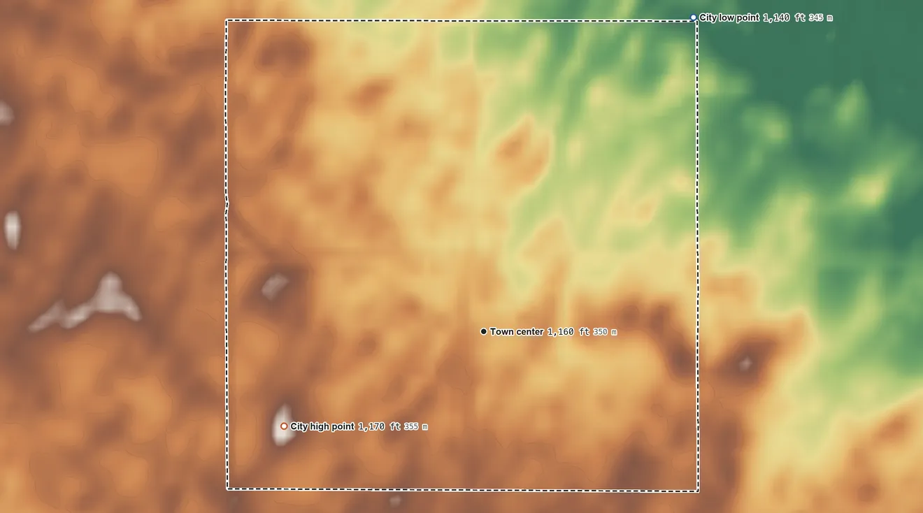 Topographic elevation map of Buckeye, Iowa, shaded from 1,140 ft on the northeast side to 1,170 ft on the southwest side