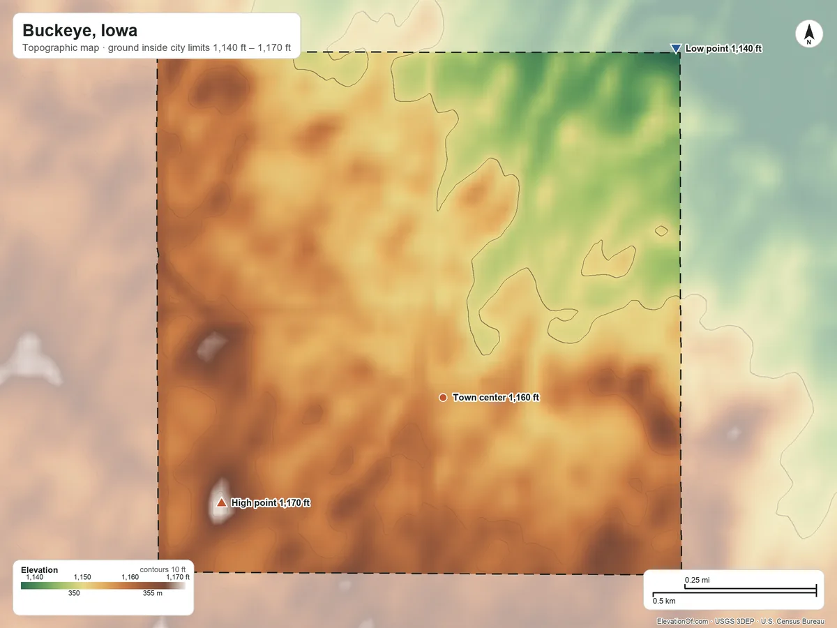 Topographic elevation map of Buckeye, Iowa, shaded from 1,140 ft on the northeast side to 1,170 ft on the southwest side