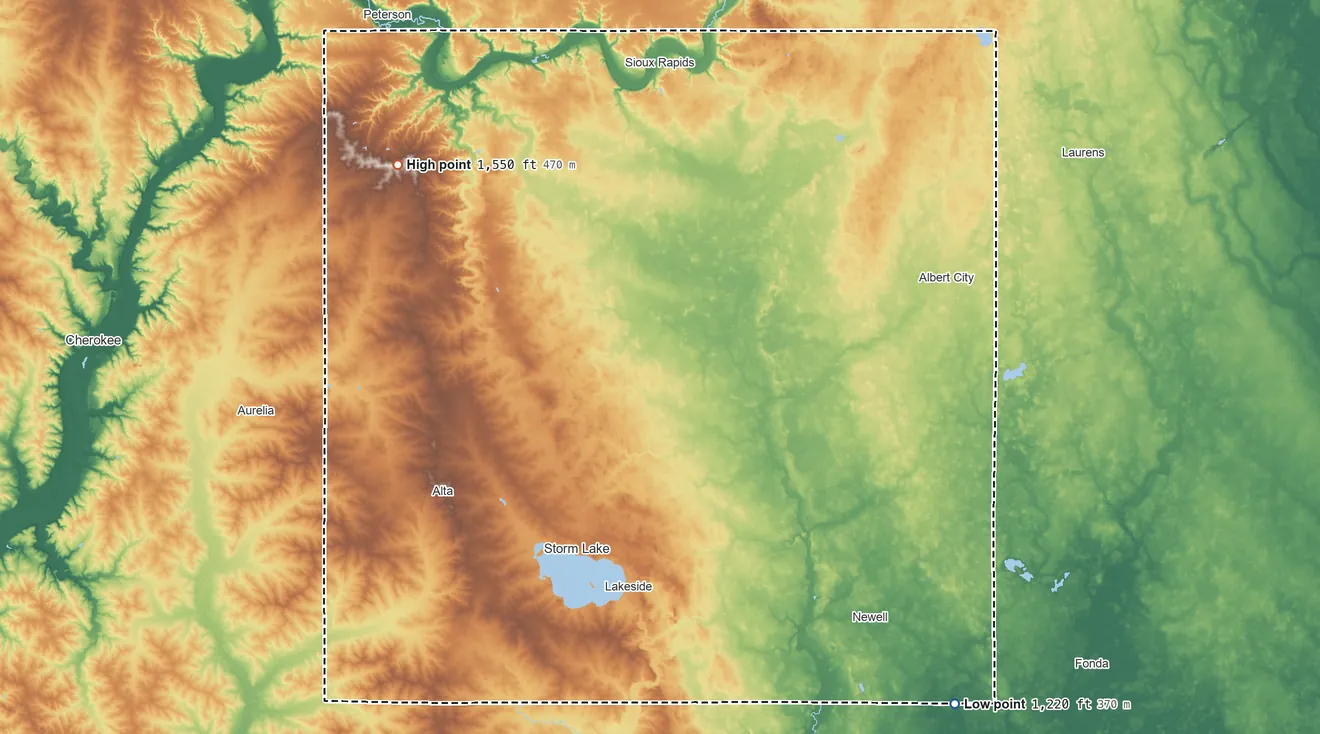 Topographic elevation map of Buena Vista County, Iowa, shaded from 1,220 ft on the southeast side to 1,550 ft on the northwest side