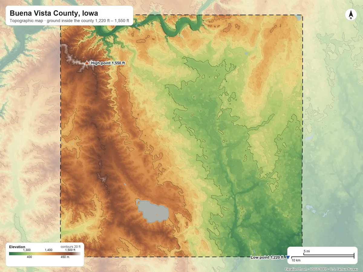 Topographic elevation map of Buena Vista County, Iowa, shaded from 1,220 ft on the southeast side to 1,550 ft on the northwest side