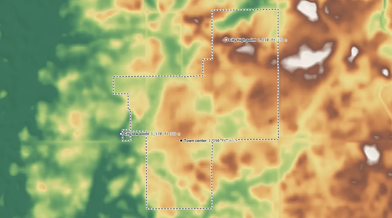 Topographic elevation map of Buffalo Center, Iowa, shaded from 1,170 ft on the west side to 1,210 ft on the northeast side