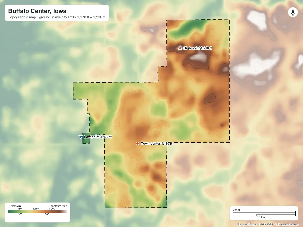 Topographic elevation map of Buffalo Center, Iowa, shaded from 1,170 ft on the west side to 1,210 ft on the northeast side