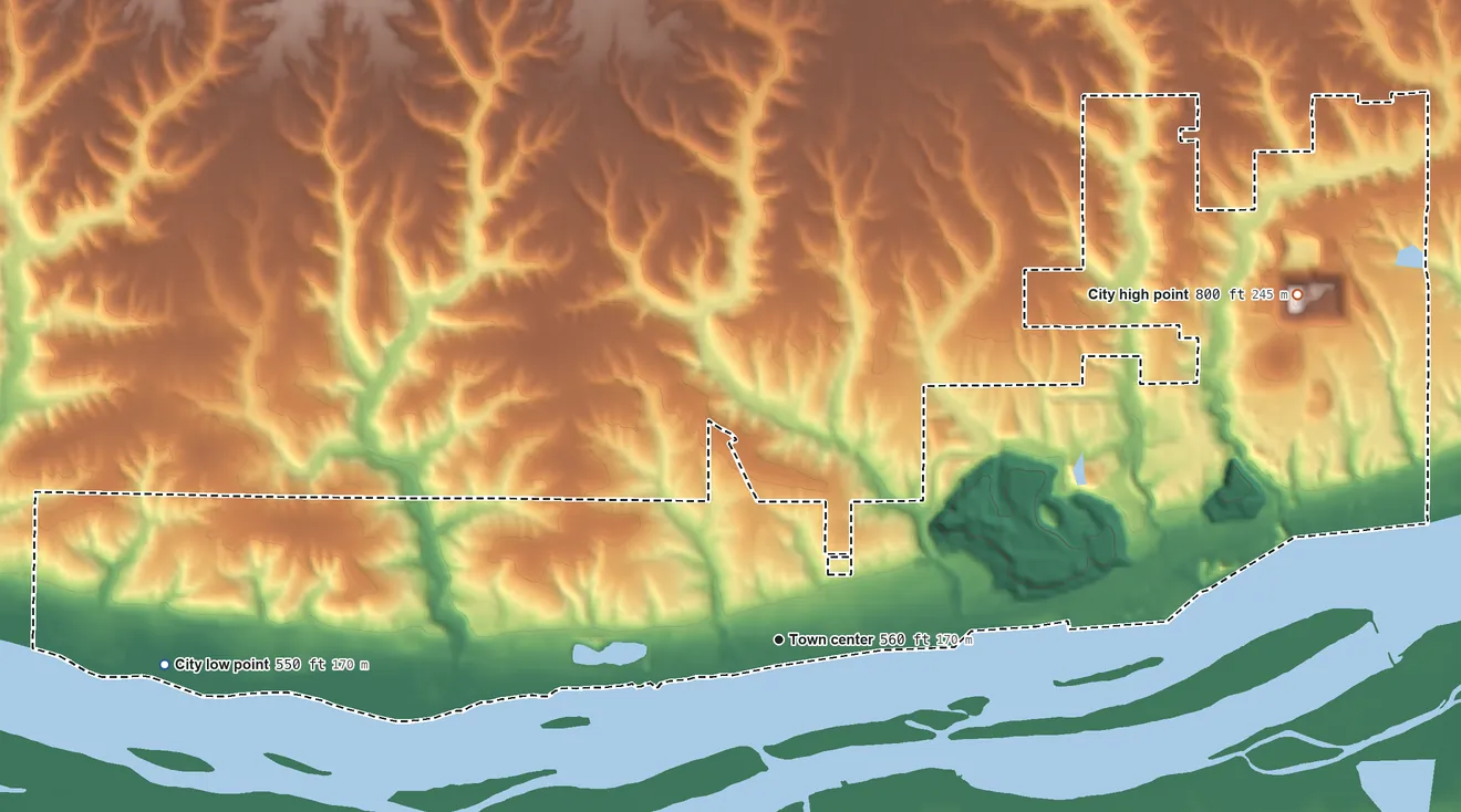 Topographic elevation map of Buffalo, Iowa, shaded from 550 ft on the west side to 800 ft on the northeast side
