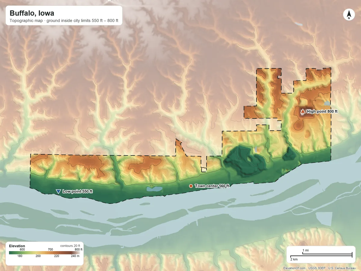 Topographic elevation map of Buffalo, Iowa, shaded from 550 ft on the west side to 800 ft on the northeast side