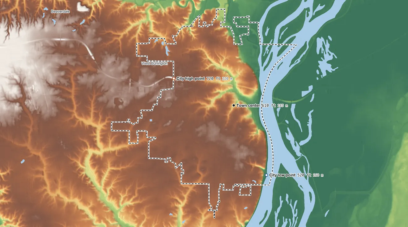 Topographic elevation map of Burlington, Iowa, shaded from 520 ft on the southeast side to 720 ft on the northwest side