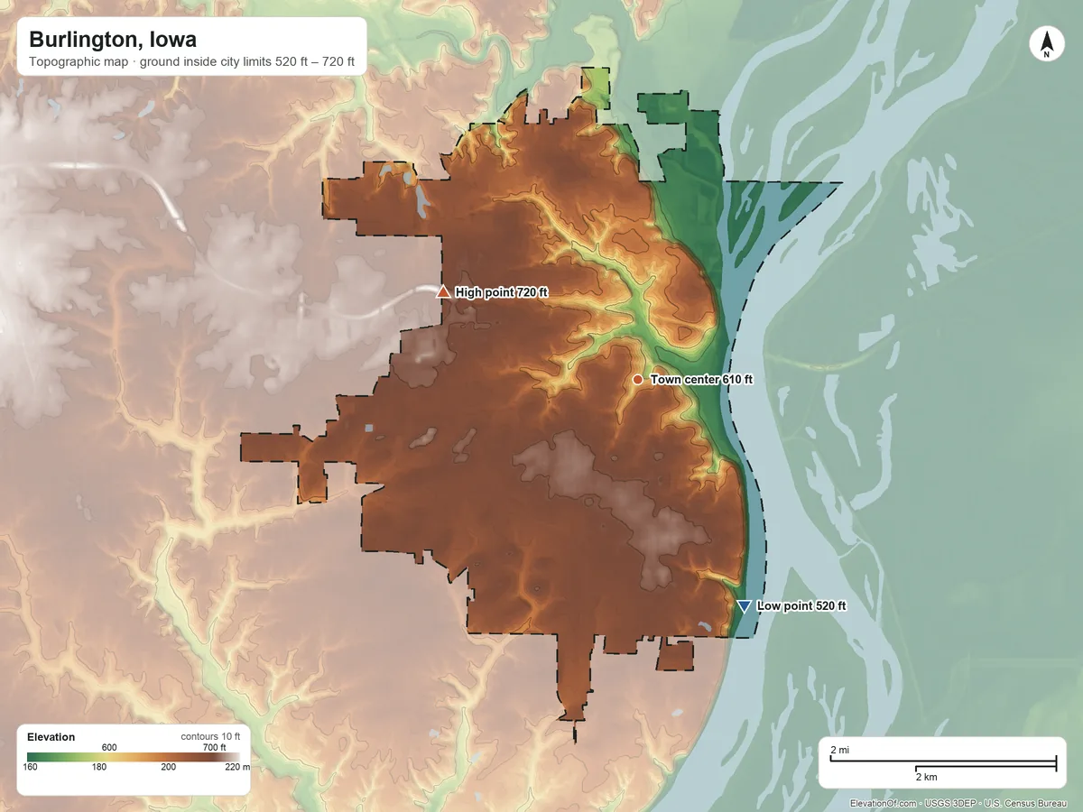 Topographic elevation map of Burlington, Iowa, shaded from 520 ft on the southeast side to 720 ft on the northwest side