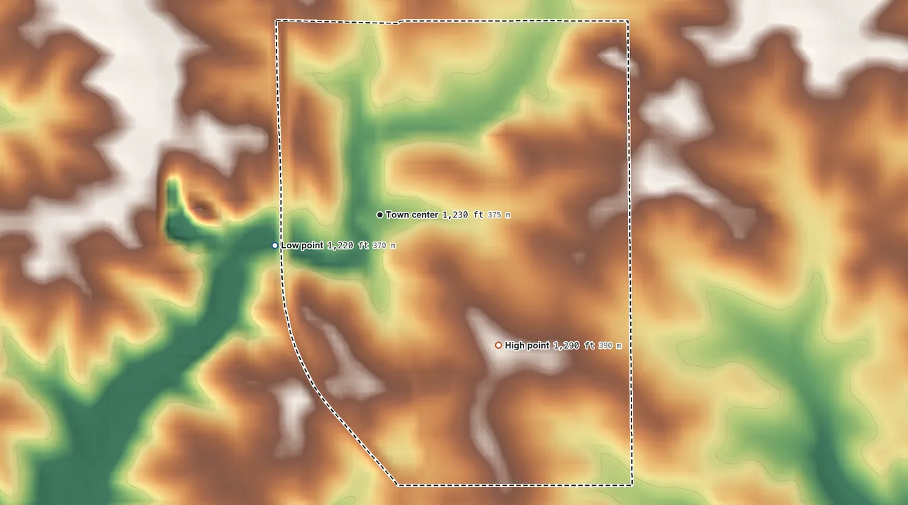 Topographic elevation map of Burr Oak, Iowa, shaded from 1,220 ft on the west side to 1,290 ft on the southeast side