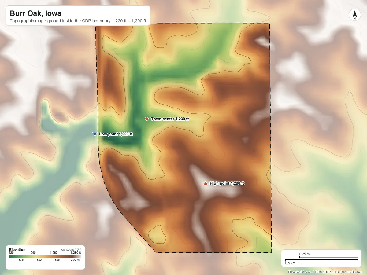 Topographic elevation map of Burr Oak, Iowa, shaded from 1,220 ft on the west side to 1,290 ft on the southeast side