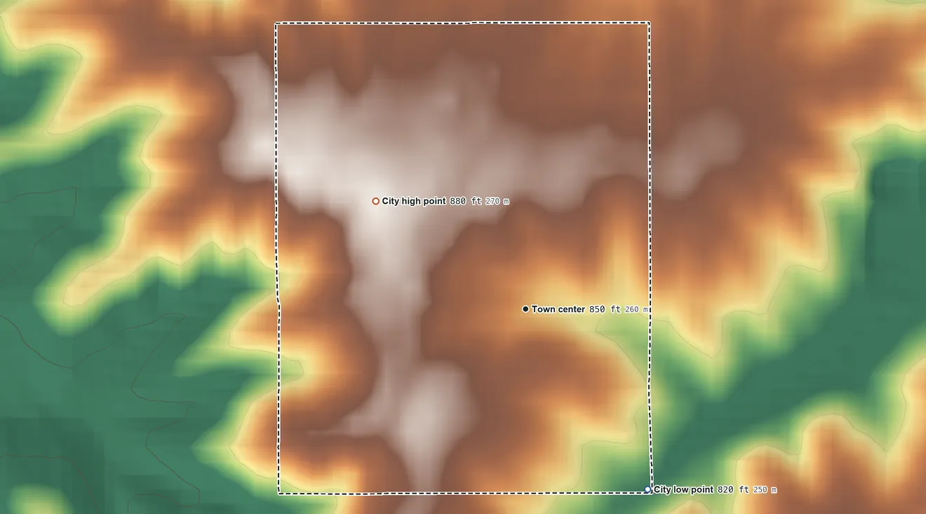 Topographic elevation map of Bussey, Iowa, shaded from 820 ft on the southeast side to 880 ft on the northwest side