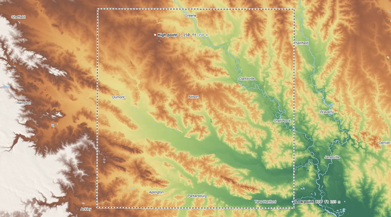 Topographic elevation map of Butler County, Iowa, shaded from 870 ft on the southeast side to 1,150 ft on the northwest side