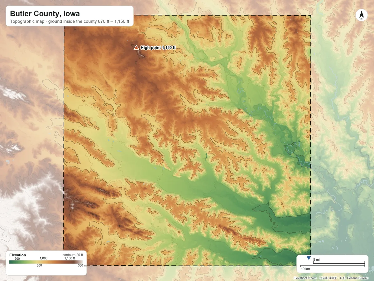 Topographic elevation map of Butler County, Iowa, shaded from 870 ft on the southeast side to 1,150 ft on the northwest side