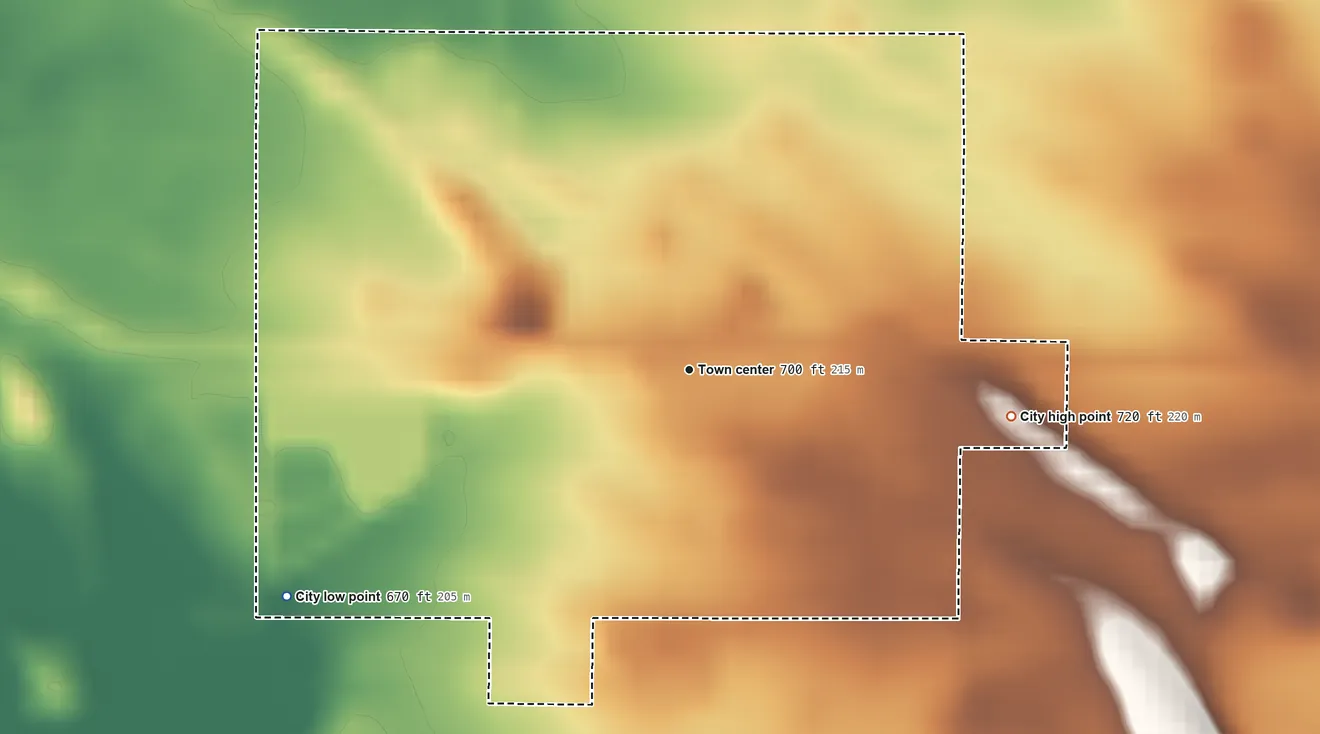 Topographic elevation map of Calamus, Iowa, shaded from 670 ft on the southwest side to 720 ft on the east side
