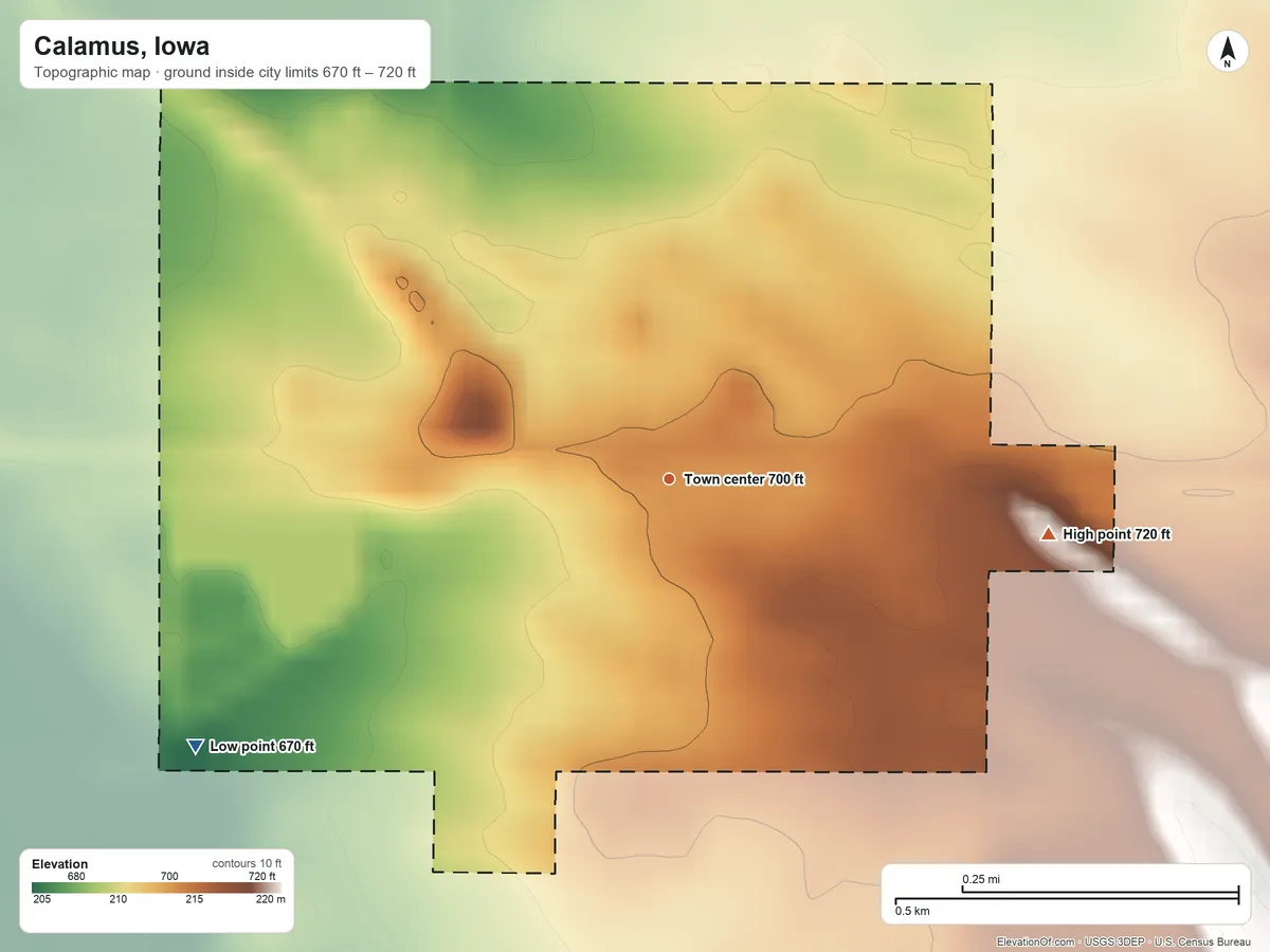 Topographic elevation map of Calamus, Iowa, shaded from 670 ft on the southwest side to 720 ft on the east side