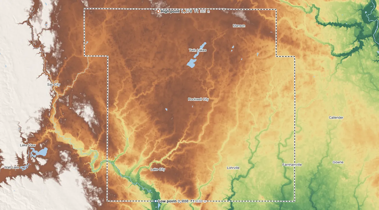 Topographic elevation map of Calhoun County, Iowa, shaded from 1,080 ft on the south side to 1,270 ft on the north side