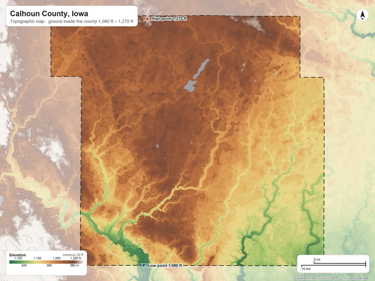 Topographic elevation map of Calhoun County, Iowa, shaded from 1,080 ft on the south side to 1,270 ft on the north side