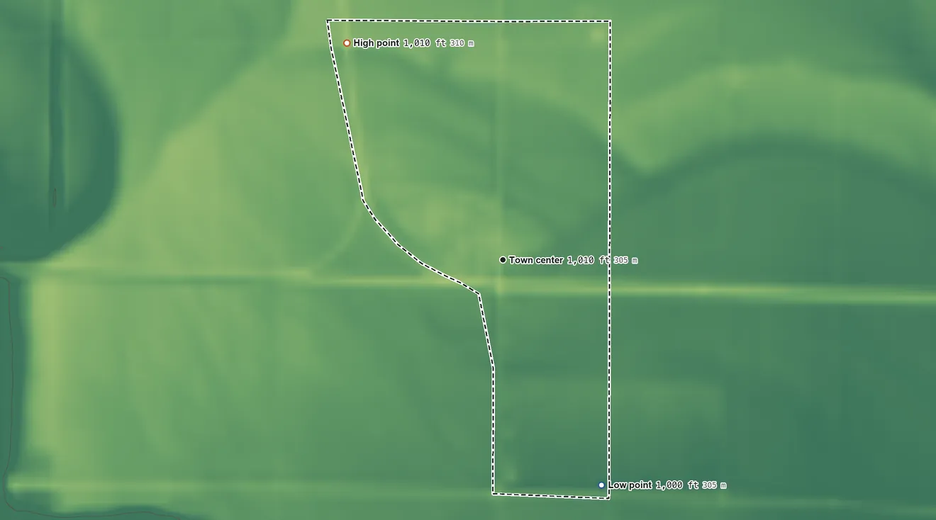 Topographic elevation map of California Junction, Iowa, shaded from 1,000 ft on the southeast side to 1,010 ft on the northwest side