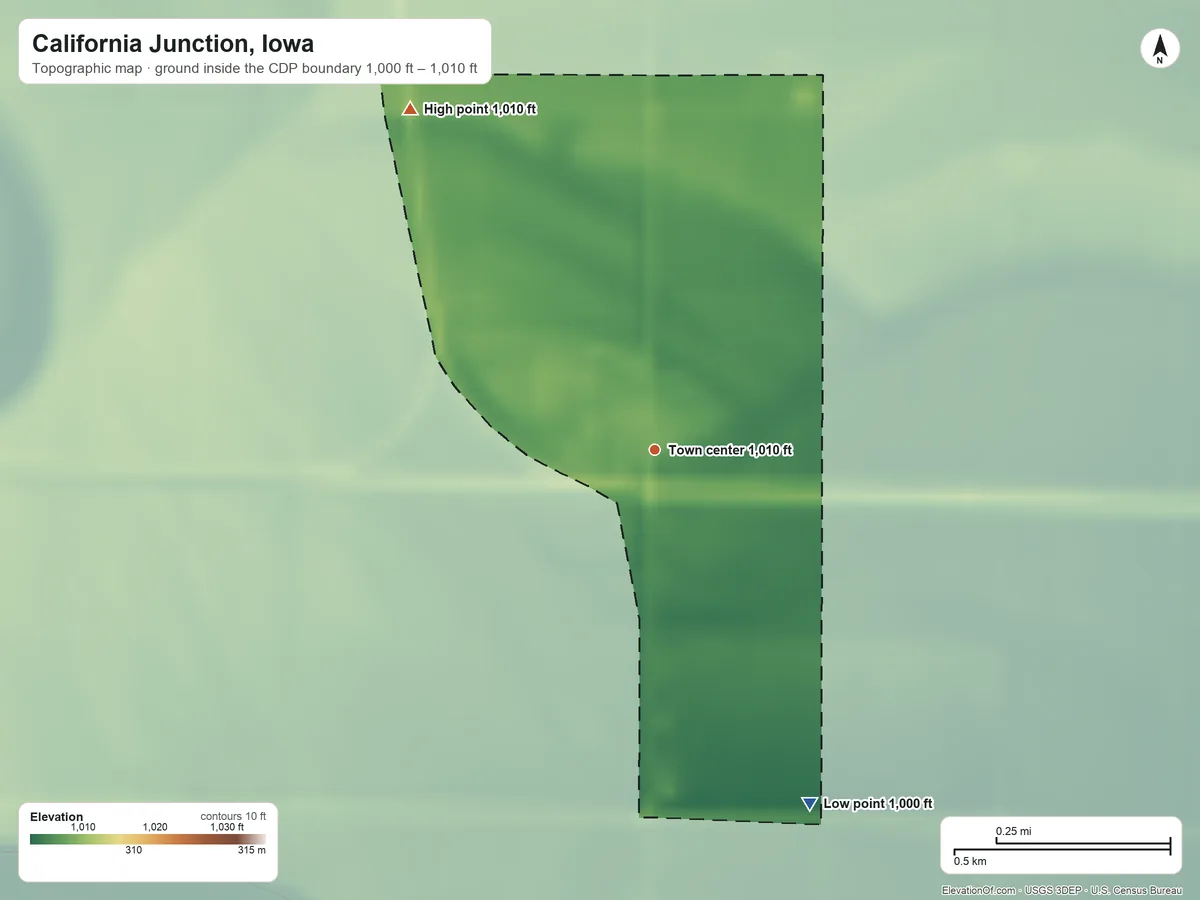 Topographic elevation map of California Junction, Iowa, shaded from 1,000 ft on the southeast side to 1,010 ft on the northwest side