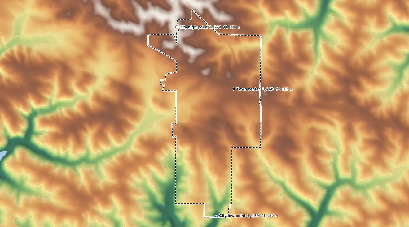 Topographic elevation map of Calmar, Iowa, shaded from 1,150 ft on the south side to 1,290 ft on the northwest side