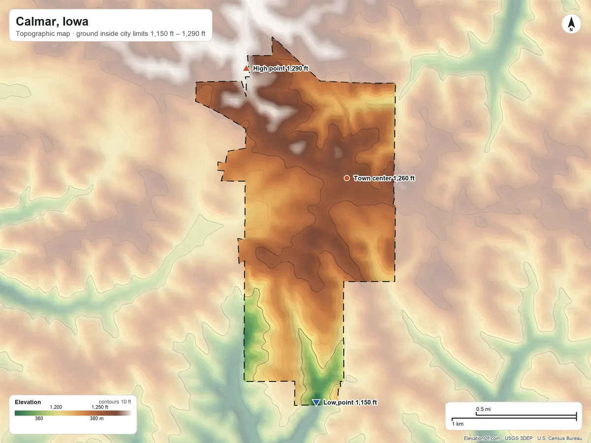 Topographic elevation map of Calmar, Iowa, shaded from 1,150 ft on the south side to 1,290 ft on the northwest side
