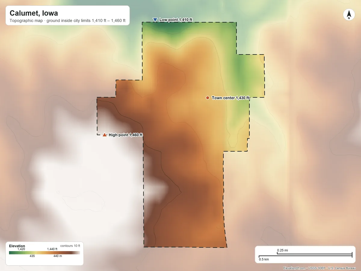 Topographic elevation map of Calumet, Iowa, shaded from 1,410 ft on the northwest side to 1,460 ft on the west side