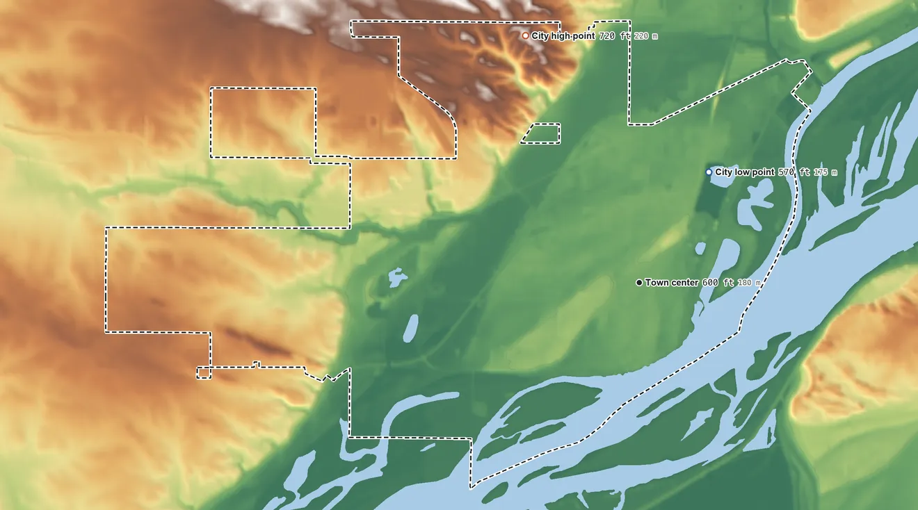 Topographic elevation map of Camanche, Iowa, shaded from 570 ft on the northeast side to 720 ft on the northwest side