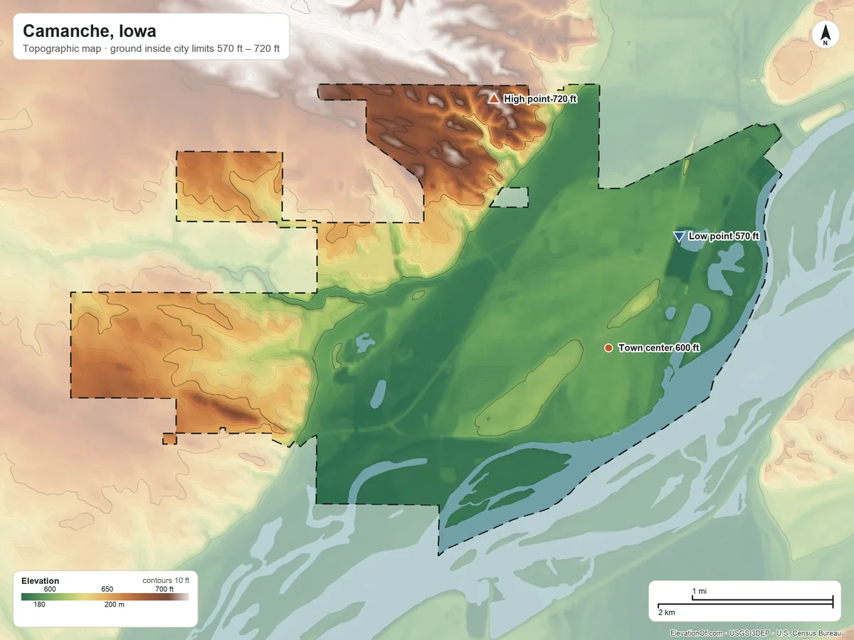 Topographic elevation map of Camanche, Iowa, shaded from 570 ft on the northeast side to 720 ft on the northwest side
