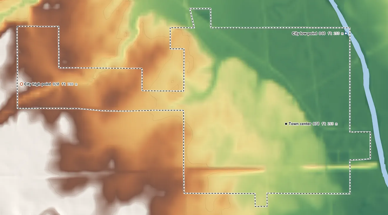 Topographic elevation map of Cambridge, Iowa, shaded from 840 ft on the northeast side to 920 ft on the west side