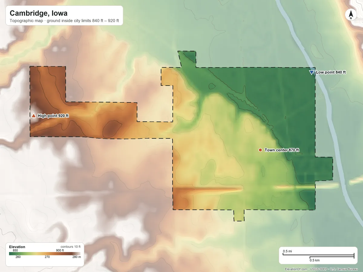 Topographic elevation map of Cambridge, Iowa, shaded from 840 ft on the northeast side to 920 ft on the west side