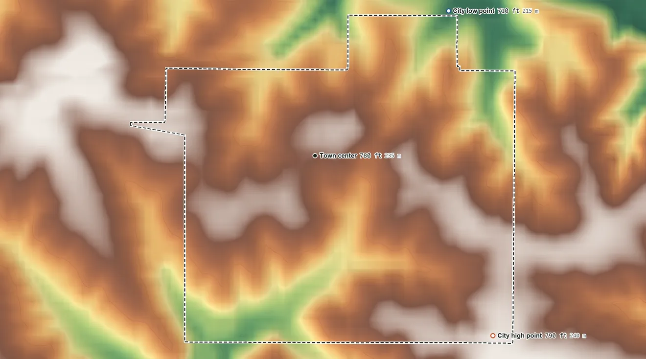 Topographic elevation map of Cantril, Iowa, shaded from 710 ft on the northeast side to 790 ft on the southeast side